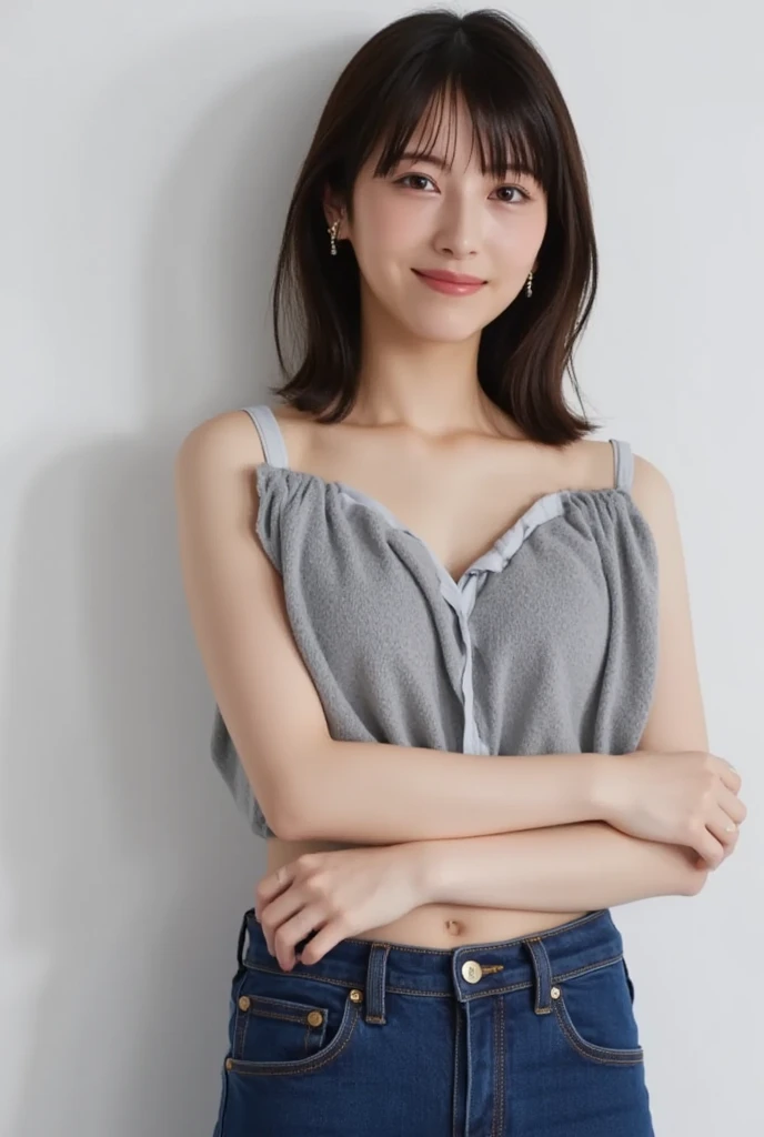 best qualtiy, Ultra-high resolution, (realisticlying:1.4),((Medium hair))),absurderes:1.2, The background is blurred out, bokeh:1.2, photography of, (RAW photogr:1.2), (realisticlying:1.4), (tmasterpiece:1.3), (complexdetails:1.2), 1girll, solo, japanaese girl, delicated, beautifuldetails, (Detailed eyes), (detailedfacialfeatures), , (((little breast))), skin tight, (Looking_at_peeping at the viewer), From_Front, (being thin), (best qualtiy:1.4), (Ultra-high resolution:1.2), cinematric light, (Extreme detail illustration), (Gloss on lips, best qualityer, Ultra-high resolution, depth of fields, Caustics, Wide lighting, naturalshadow, 85mm, f/1.4, iso 200, 1/160s:0.75),1girll, solo, (((blue tanktop)))ssmile, Uniforms, choker necklace,