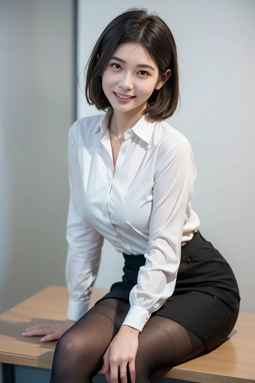 Mastepiece, highest quality, figure, Very detailed, Fine details, High resolution, 8k wallpaper, Perfect dynamic composition, Beautiful and delicate eyes, suit,short hair，Natural color lips, Sit on a chair，Crossing your legs, smile、25-year-old woman，Red Eyeshadow，Wearing pantyhose，Formal tight skirt