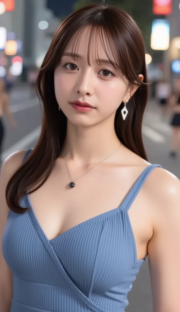 ((highest quality, 8K, masterpiece: 1.3)), concentrate: 1.2, perfect beauty: 1.4, butt: 1.2, ((layered hairstyles, chest: 1.2)), (wet clothes: 1.1), (sunset, street: 1.3), Half Way Dresses: 1.1, Highly detailed face and skin texture, narrow eyes, double eyelid, Whitening skin, long hair, (shut up: 1.3), smile, Unreal beauty,((Cobalt blue sea background)),Pink blush and gross on cheeks and lips,Her outfit is a purple dress,