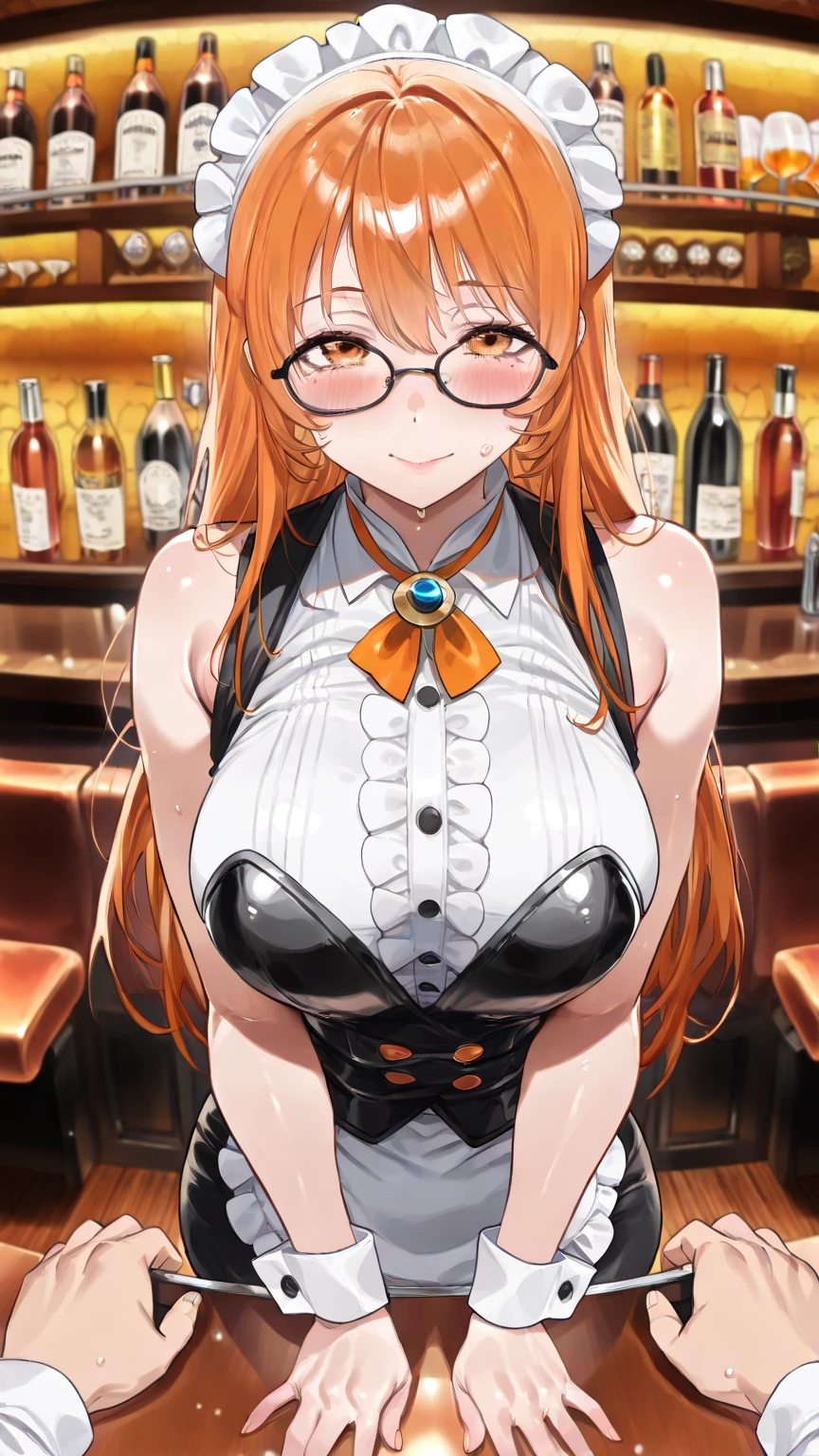 (Best Quality, masutepiece), depth of fields, Blurry background, cowboys_shot, thick thighs, Standing, Solo, 1girl in, long orange hair, (Ahoge:0.9), Glasses, Blunt bangs, Purple eyes, (full-face blush), ((Playboy Bunny, pantyhose, Bunny ears, highleg, highleg leotard, Black Leotard, Leotard)), a bar counter, nightclubs, Night,