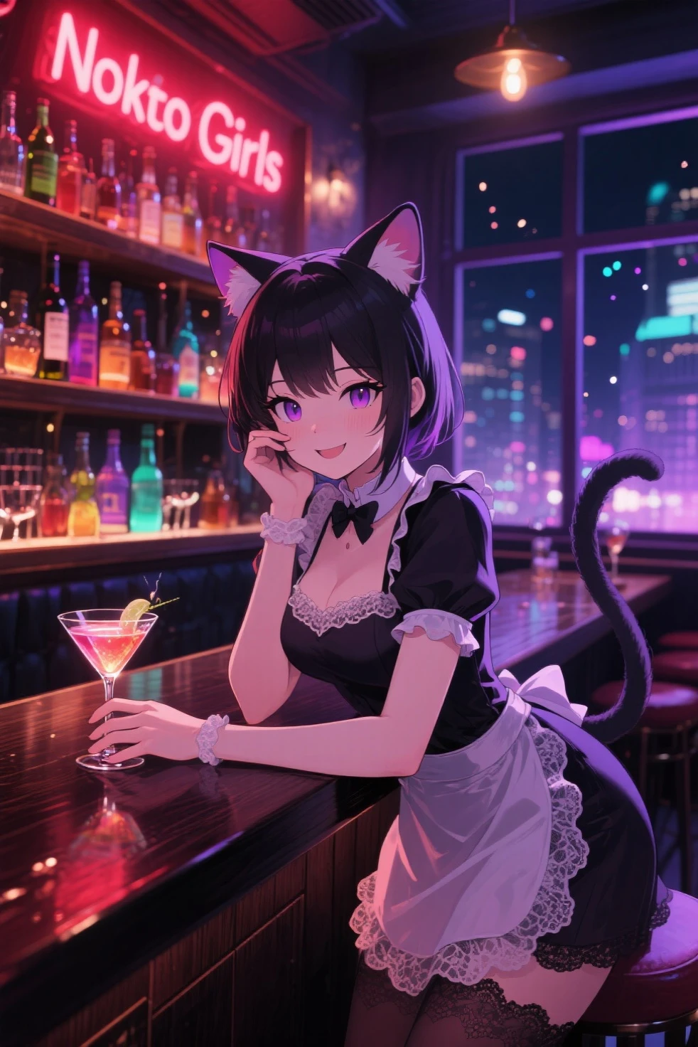 laut,Gaya Ablatamahota,"Very detailed anime style, resolusi 8k, The quality of the masterpiece, fokus tajam, Night scene inside 'Neko Girls Bar', cozy mystical atmosphere, bar kosong, warm dim lighting mixed with bright fluorescent lights (merah muda,  ungu , sian) produces a soft and soft glow sharp highlights. A beautiful catgirl waitress (nekomimi) with expressive cat ears protruding but no tail, dressed in a stylish waitress uniform with lace, leans pensively on an elegant dark wood bar table, gently holding a glowing cocktail glass in one hand, sincere warm smile. wajah sangat detail ( Mata jernih , firm eyelashes, merona samar). Anatomically precise hands: visibly showing lima jari on each hand ( Tangan kiri : lima jari, Tangan kanan: lima jari). Shelves full of colorful bottles and glasses reflecting sharp light patterns. Magical shimmering particles hovering nearby. Night city view soft bokeh through a large window. Extraordinary detail on texture (Kain Sutra , kayu poles, refraksi kaca, back uniform detail). Subsurface spread on skin. Ketajaman sinematik,  ultra hd , photorealistic rendering,  tepi tajam , no blur , efek lensa tajam, extreme focus on catgirl. Prompt negatif: tail, ekor hewan, jari tambahan, fewer fingers, lebih dari 5 jari, kurang dari 5 jari, mutated hands, tangan buruk.", accompanied By A middle-aged obese obese Malay male already  round hair is very Short