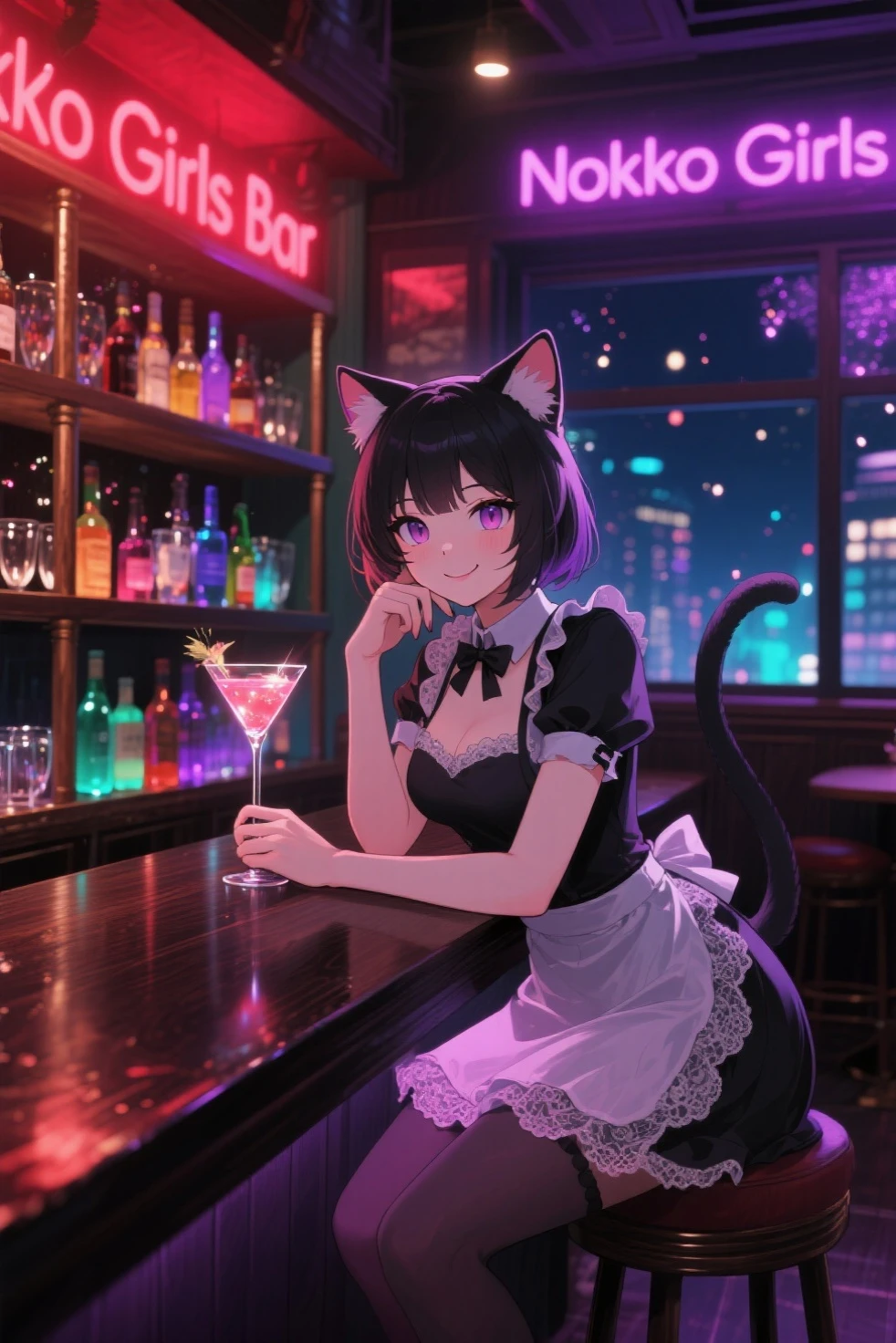 laut,Gaya Ablatamahota,"Very detailed anime style, resolusi 8k, The quality of the masterpiece, fokus tajam, Night scene inside 'Neko Girls Bar', cozy mystical atmosphere, bar kosong, warm dim lighting mixed with bright fluorescent lights (merah muda,  ungu , sian) produces a soft and soft glow sharp highlights. A beautiful catgirl waitress (nekomimi) with expressive cat ears protruding but no tail, dressed in a stylish waitress uniform with lace, leans pensively on an elegant dark wood bar table, gently holding a glowing cocktail glass in one hand, sincere warm smile. wajah sangat detail ( Mata jernih , firm eyelashes, merona samar). Anatomically precise hands: visibly showing lima jari on each hand ( Tangan kiri : lima jari, Tangan kanan: lima jari). Shelves full of colorful bottles and glasses reflecting sharp light patterns. Magical shimmering particles hovering nearby. Night city view soft bokeh through a large window. Extraordinary detail on texture (Kain Sutra , kayu poles, refraksi kaca, back uniform detail). Subsurface spread on skin. Ketajaman sinematik,  ultra hd , photorealistic rendering,  tepi tajam , no blur , efek lensa tajam, extreme focus on catgirl. Prompt negatif: tail, ekor hewan, jari tambahan, fewer fingers, lebih dari 5 jari, kurang dari 5 jari, mutated hands, tangan buruk.", accompanied By A middle-aged obese obese Malay male already  round hair is very Short