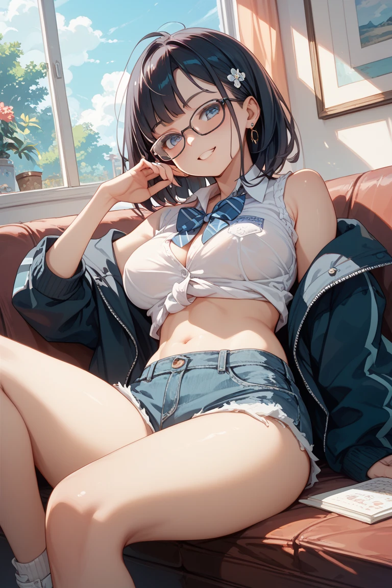 (best image quality, 4k, high quality, masterpiece::1.2), ((masterpiece)), high detail, high quality, best image quality, ((high quality, NSFW)), cute,  , low length, medium breasts, Bokeh, degrees of freedom, portrait, (cute illustration:1.2), High resolution, Super detailed, 最high quality, bare shoulders, girl,15 yo,(black knee high socks:1.5),  (black short hair, fluffy perm:1.3), (plastic frame eyewear:1.2),(grin:1.2), (black hoodie:1.3),
(shorts:1.3),
(to lift up one's hoodie:1.5),(black lace bra:1.3),(sitting on the bench:1.2),(in the park:1.3),(in crowd:1.5)
