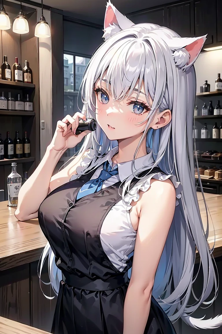 (((masterpiece))), ShizukaMikazuki, One Girl, alone, View your viewers, Long Hair, Gray Hair, ((close your eyes)), Cleavage, (Huge breasts),clavicle, Mature Body,Attractive body,Trained abdominal muscles,Make your face a little smaller,Enlarge your breasts,expensive,Blushing,nude,Smile shyly,Black bodysuit,Exposed,Pie Ponytail,Black ribbon,Sweaty all over,take a breath,Charm Choker,Earrings,Detailed expression of fingers,Night view bed,blue eyes,Make your lips bigger,thicken lips,Open your mouth and scream,Please lift your chin,(Pink nails),Tilt your head,Put your hands on your face