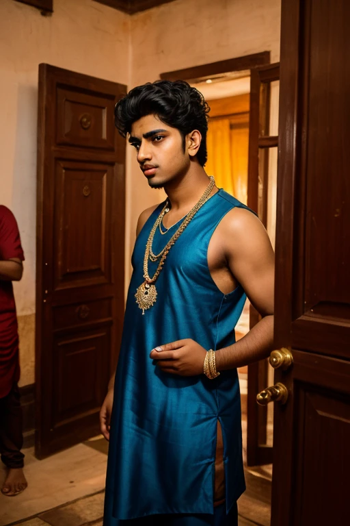 A modern boy sitting along side Sri krishna with a flute