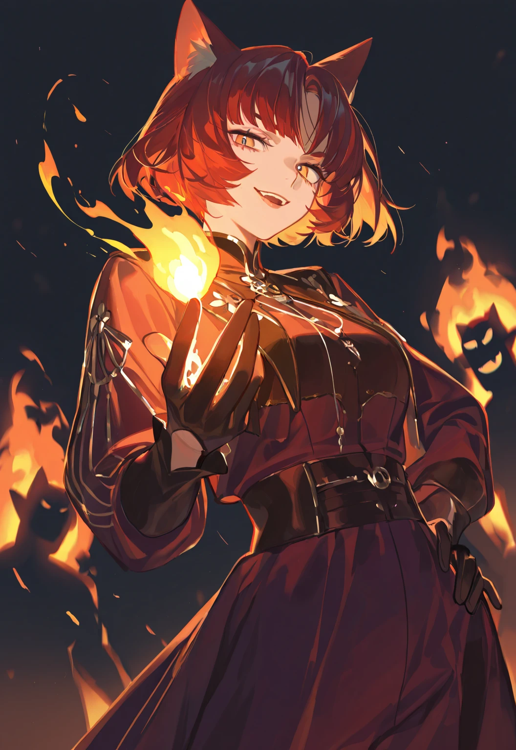 aozakito, 1girl, solo, scarf, green dress, gloves, pantyhose, fishnets, fire background, magic, v-shaped eyebrows, <lora:aozakito_V2-10:0.7>