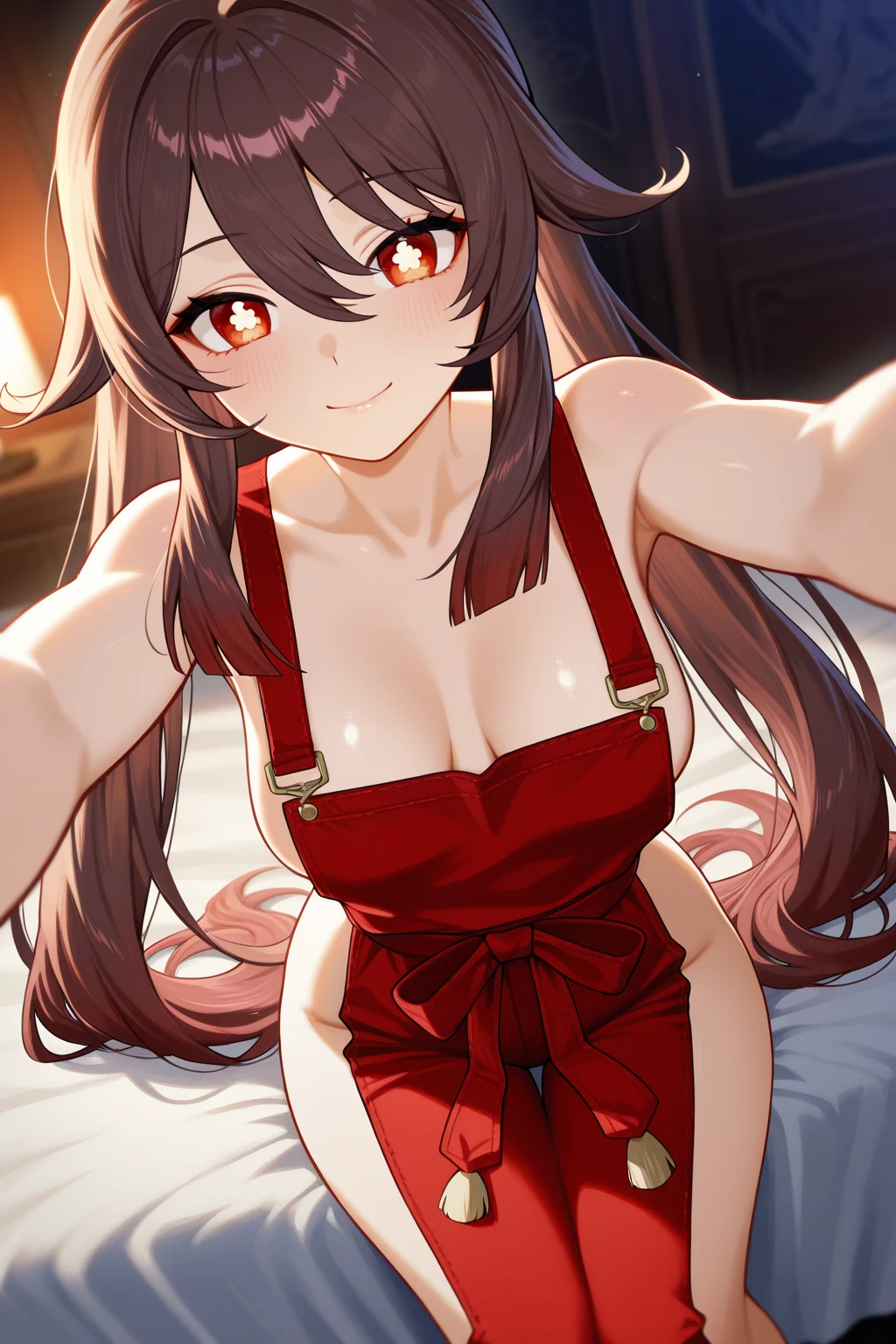 red bedroom, bed, brothel, red bikini, minimalistic underwear, blushing, happy, horny, red hair, long hair, gold jewelry, brown skin, red bedsheets, candles, ass, inviting