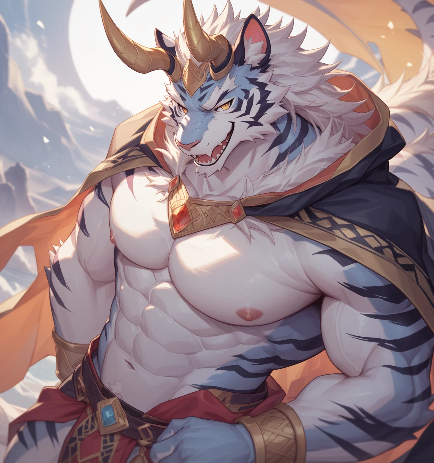 Solo, tiger, black tiger, tiger male, gray hair, white body fur, muscular male, elder male, light red eyes, wearing nothing, gray fur tuft, eastern necklace, star night background, ( by Sollyz, masterpiece, 8k, hd), Looking at viewer, smiling, detailed face, detailed eyes, detailed hair, detailed muscles, detailed clothes, Genshin, nude lower body, bulge on crotch,