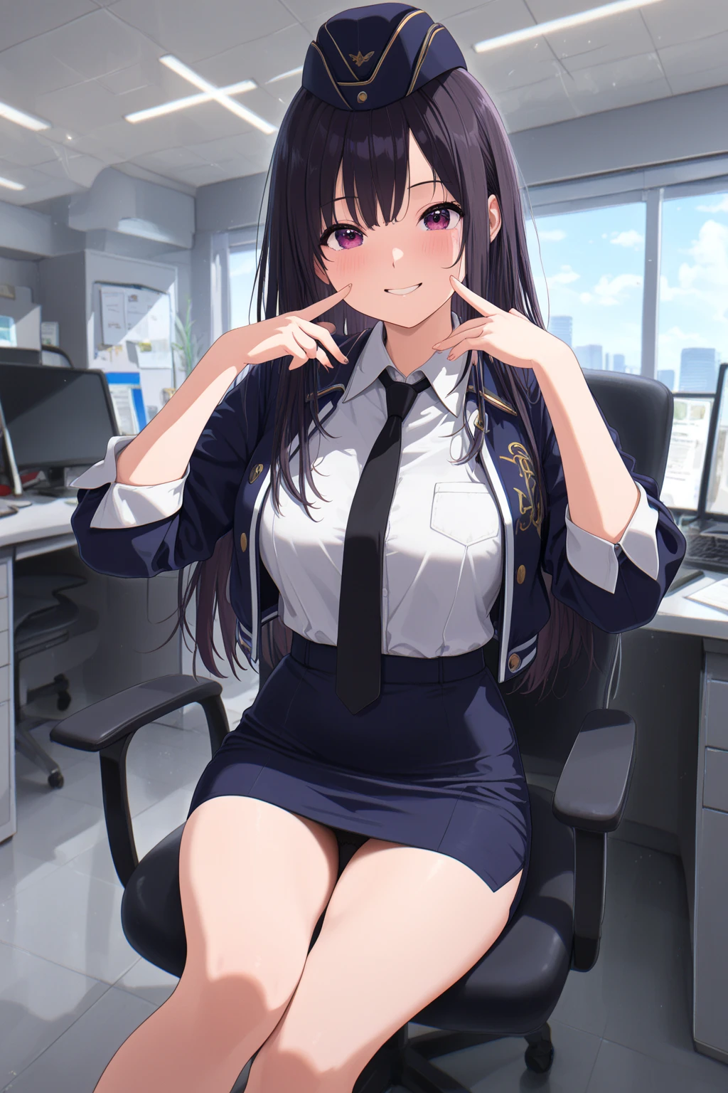 (masterpiece:1.2, highest quality), (Realistic, photoRealistic:1.4), Beautiful illustrations, (Natural Side Lighting, Cinema Lighting), 
View Viewer, (From below), 1 girl, Japanese, high school girl, Perfect Face, Perfect body, Cute and symmetrical face, Shiny skin, Baby Face, 
(Long Hair:1.7, Straight hair:1.6, Long sideburns, Black Hair), Swept-apart bangs, blue eyes, (Middle chest, Captivating thighs), , 
Beautiful Hair, Beautiful Face, Beautiful fine details, Beautiful clavicle, Beautiful body, Beautiful breasts, Beautiful thighs, Beautiful feet, Beautiful fingers, 
(((Black clothes, Black School Blazer, Closed blazer), White collared shirt, Black Box Pleated Skirt) ), 
(Beautiful views), evening, (School corridor), Are standing, Leaning forward, (Twirl your hair, Cute smile), Sitting and reading a book,Attractive legs