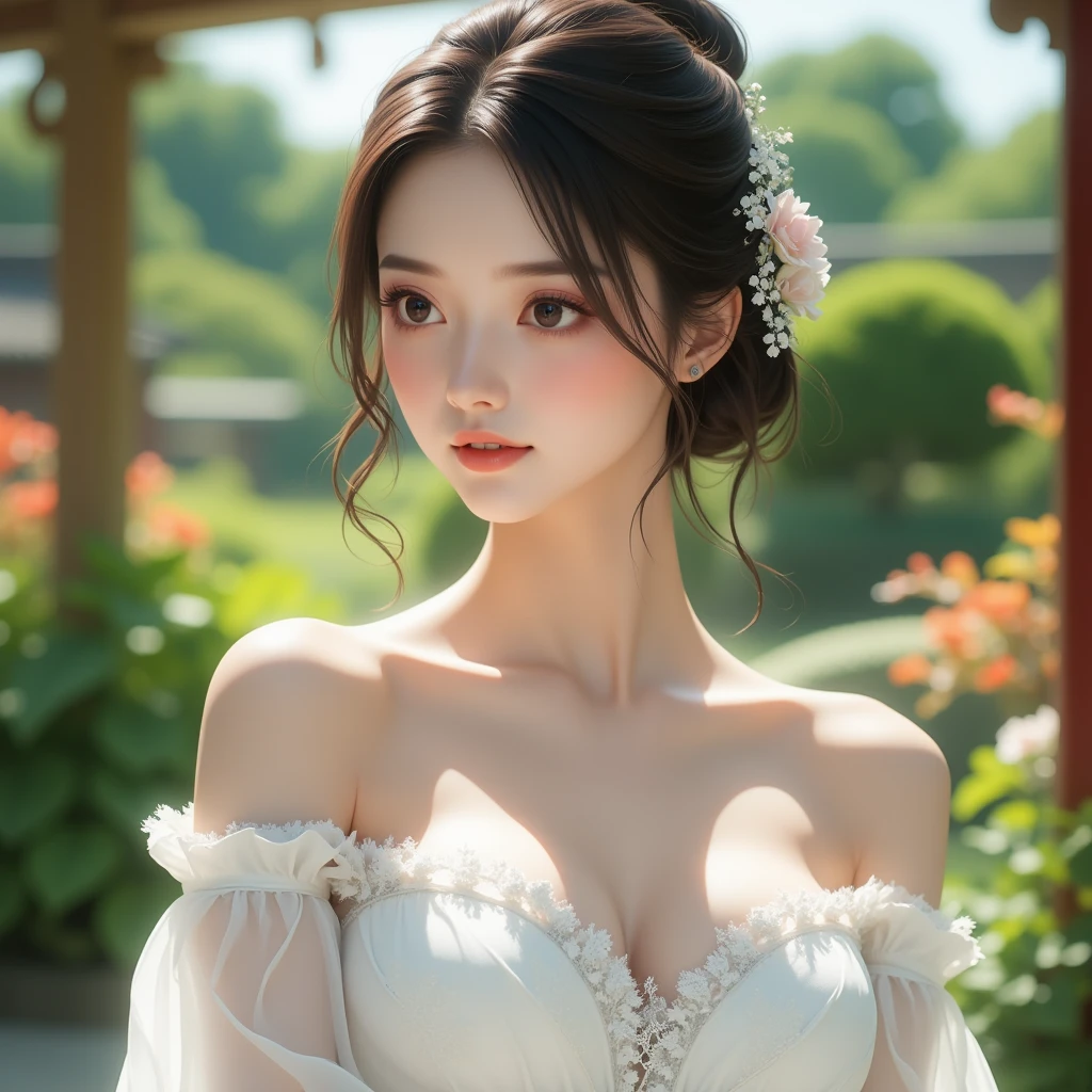 A stunning intricate shot of a beautiful happy asian bride is wearing white flower dress with big flowers,giant white peony flower behind of bride,sharp focus,natural lighting,subsurface scattering,f2,35mm,film grain
8k, best quality, Medium close-up, (Kebaya off-the-shoulder )、(luxury kebaya ),(top-quality,​masterpiece:1.3,超A high resolution,),(ultra-detailliert,Caustics),(Photorealsitic:1.4,RAW shooting,)Ultra-realistic capture,A highly detailed,high-definition16Kfor human skin, Cute and lovely chinese girl, realistic, ultra detail, photo realistic, Increase quality, standing in a garden with a scarf, winter forest , (large breast), (cleavage ), close-up shot, mouth,dark-haired, long hair, (depth of fields、chromatic abberation、、Wide range of lighting、Natural Shading、)、smile