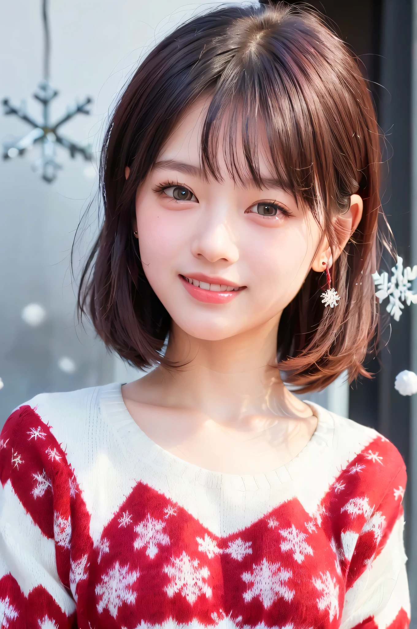 (top quality、8k、32K、masterpiece)、(realistic)、(realistic:1.2)、(high resolution)、very detailed、 very cute face and eyes、1 、round face、tight waist、Delicate Body、(close、top quality、attention to detail、rich skin details)、(top quality、8k、Oil:1.2)、(realistic、realistic:1.37)、bright color、(((Her hair is hanging over her ear )))、(((upper body shot)))、(((medium hair)))、(((loose fluffy perm hair)))、(((Expressions of joy)))、(((I'm wearing a snowflake-patterned sweater with a fun look)))、(((Smiling)))、(((I have red hair)))、(((I'm wearing a red sweater)))、(((I'm wearing a snowflake-patterned sweater)))、(((My hair is red)))、((( I'm wearing a white and red sweater)))、(((facing the front)))、(((Upper Body Shot)))、