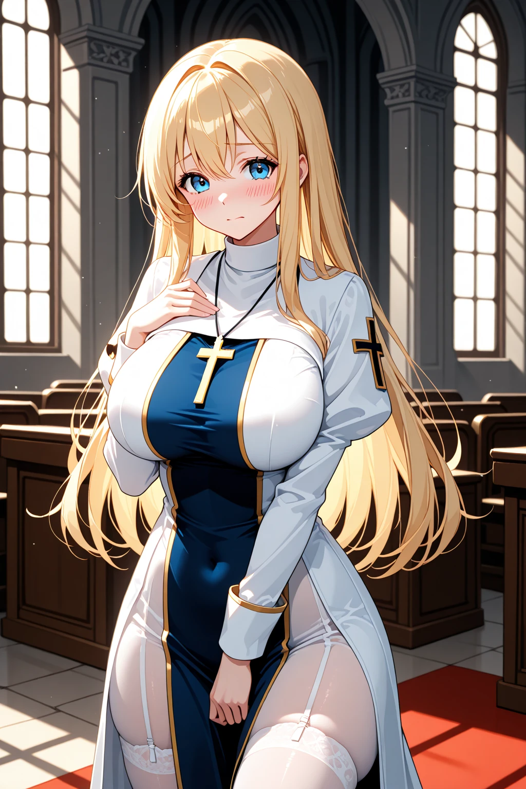 Highest quality, masterpiece, One girl, (alone:1.1), Ray Tracing, Super detailed,Detailed face, 8k 壁paper, 広いHip, smile, Maria、Blonde、blue eyes、Nuns、habit、Black Dress、necklace、Medium chest、Looking at the audience、Hip、whole body、Sitting in the church、Mature Woman、blush、, One girl, Blonde, Large Breasts, Long Hair, , necklace,

