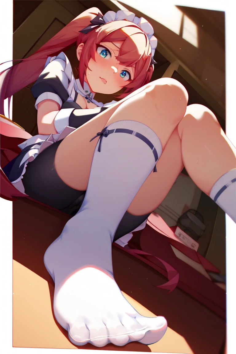 score_9, score_8_superior, sauce_anime, 1 girl, alone, Miko Casual, Ahoge, low twin tails, black stockings,nsfw armpit hair pubic hair sweat steam sweaty smell big breasts big ass legs spread sitting thick thighs soles of the feet foot sweat