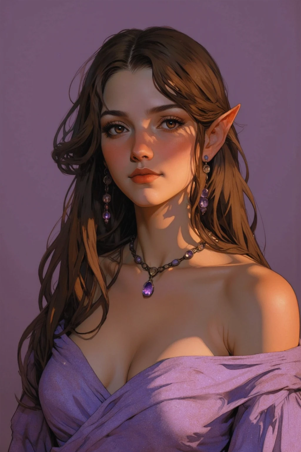 ((Best quality, masterpiece, 4k, best anatomy)), cute girl, (violet hair), ((very long curly hair)), perfect face, (yellow eyes), ((naked)), ((flat breasts)), ((21 years old)), skindentation, extreme detail, attractive angular face, red lips, pink nipples, glossy skin, detailed hair, face focus, close-up chest, ornamental gold necklace, gold earrings, ((1 girl)), embarrassed expression, elf ears, innocent smile, (()), ((slender)),