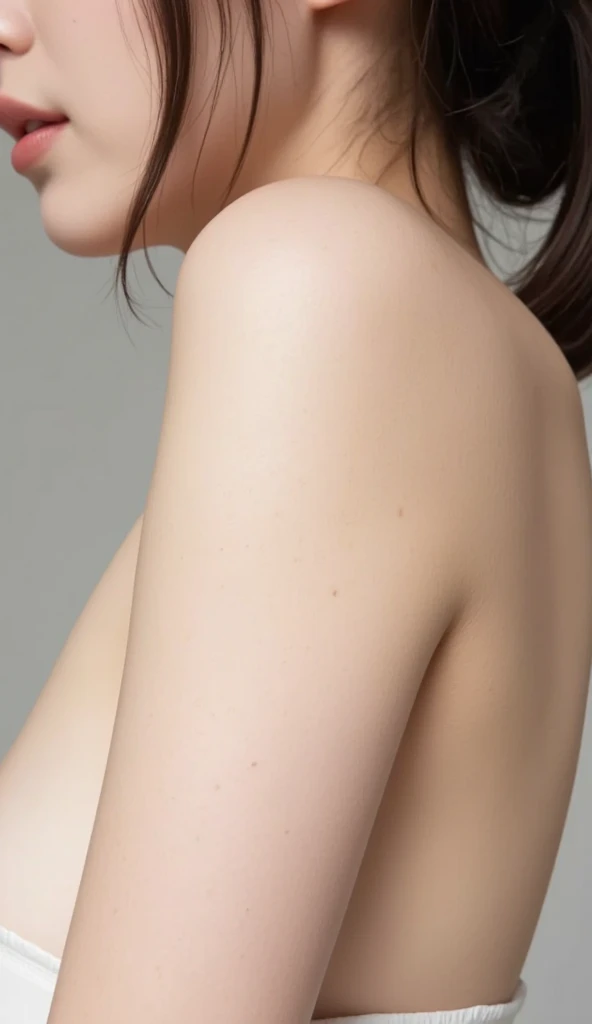 masterpiece,best quality, (1 milf nude), ((portrait:1.5)), ((look down, looking at the viewer)), makeup, nude, a bit chubby, touch own chest, armpit, ((seduction expression)),