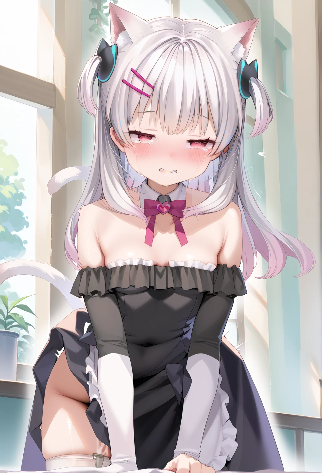 masterpiece, (highres:1.2), (ultra-detailed:1.3), (oil painting:0.8), (extremely detailed CG unity 8k wallpaper:1.1),
full body, solo, 1girl, looking at viewer, light particles,
solo,
blue archive, highres, hina (blue archive), long hair, looking at viewer, multiple horns, purple eyes, halo, indoors, sitting, white hair,
maid headdress, maid apron, maid headdress, maid, feet, white socks, legs, soles,