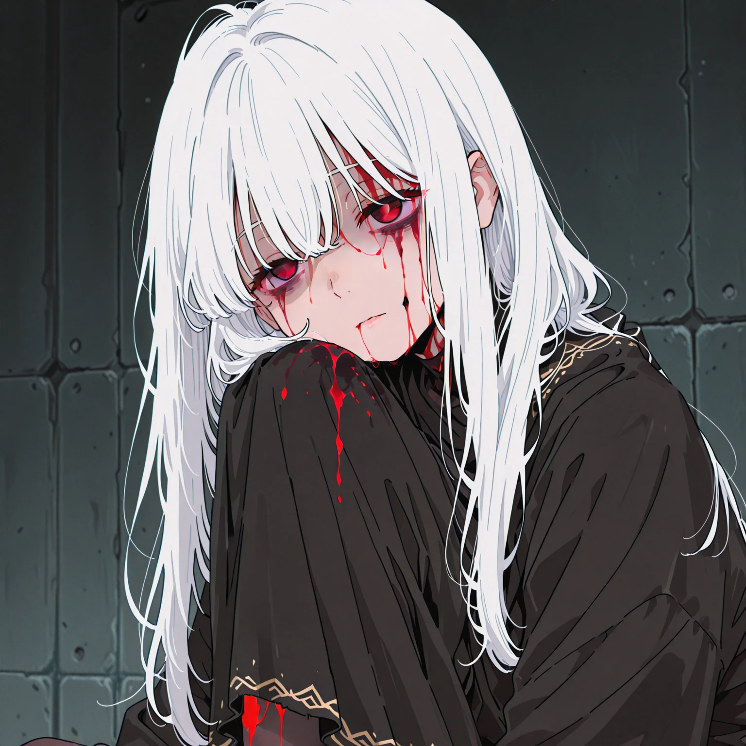 Dark atmosphere，(The background is rotten land,dead tree)，Kneel on the ground，cry，tears，（Damaged clothing），(Blood，scratch)，Blood，Struggle