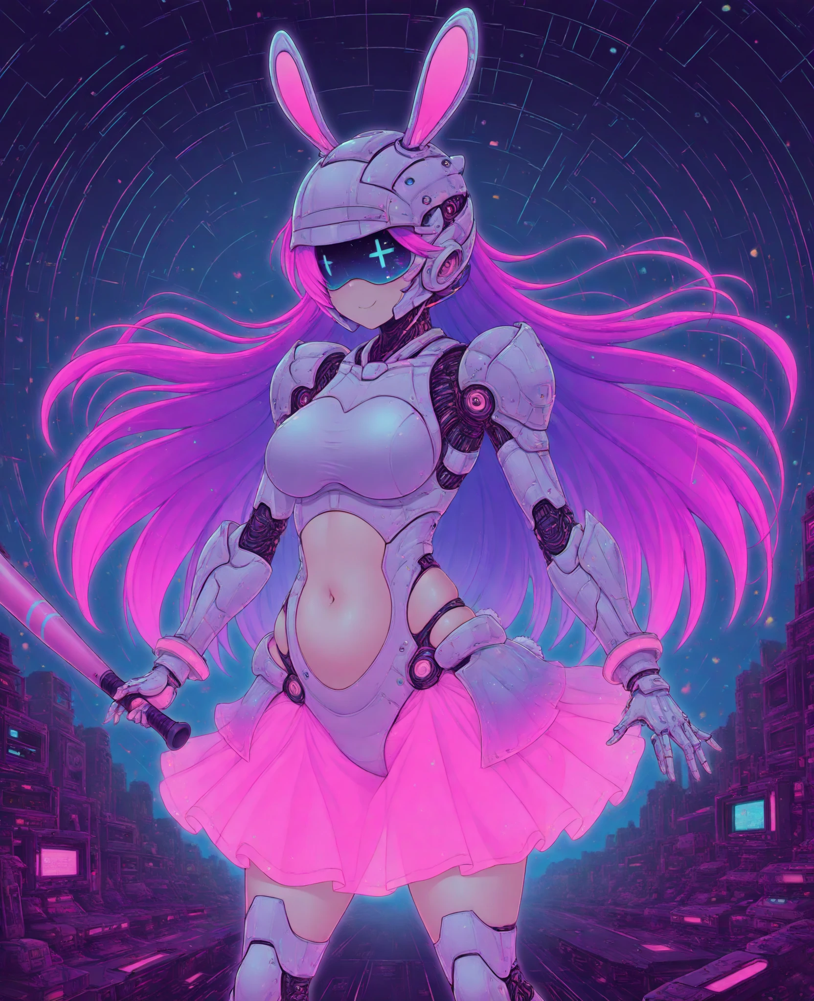 1girl, cyber idol, energetic dreamlike masterpiece, neon pink cybercore, futuristic helmet with rabbit ears {x} futuristic helmet with rabbit ears {x} floating digital music notes, bright scene, pastel holographic dress, best quality, amazing quality,  belly button cutout , high resolution,  Yeux détaillés , perfect fingers, baseball bat, baseball bat, 