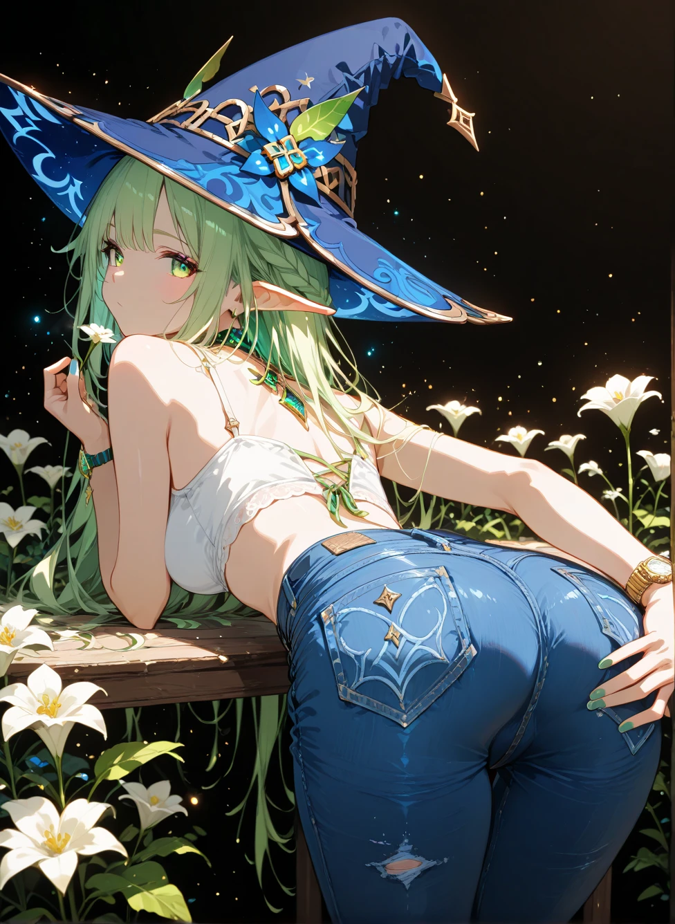 <lora:layla1-000010:0.7>, layladef, smile, blush, short hair, looking at viewer,jungle, fern, ( leaf bikini:1.2), <lora:leaf_bikini-000004:0.8>,full body,fireflies, (night:1.2),wet, falling leaves, ass, ass focus, from behind, close-up, cleft of venus,( bent over, cameltoe,:1.2), masterpiece, best quality, highly detailed, (8k), (4k), HDR, beautiful detailed girl, beautiful detailed face, beautiful detailed eyes, perfect shadow, masterpiece, best quality, perfect skin, shiny skin, perfect hands, perfect girl,