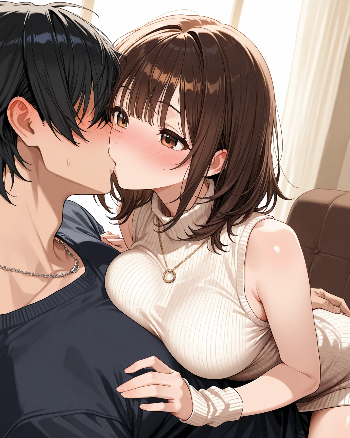 score_9, score_8_up, score_7_up, score_6_up, source_anime, masterpiece, best quality, very aesthetic, uncensored, 1girl, 1boy, (kissing), cute face, camisole, seductive, voluptuous, short hair, brown hair, pubic hair, excessive hairy pussy, sex, pussy juice, moaning, penis in pussy, (hand touch breast:1.4), living room, window