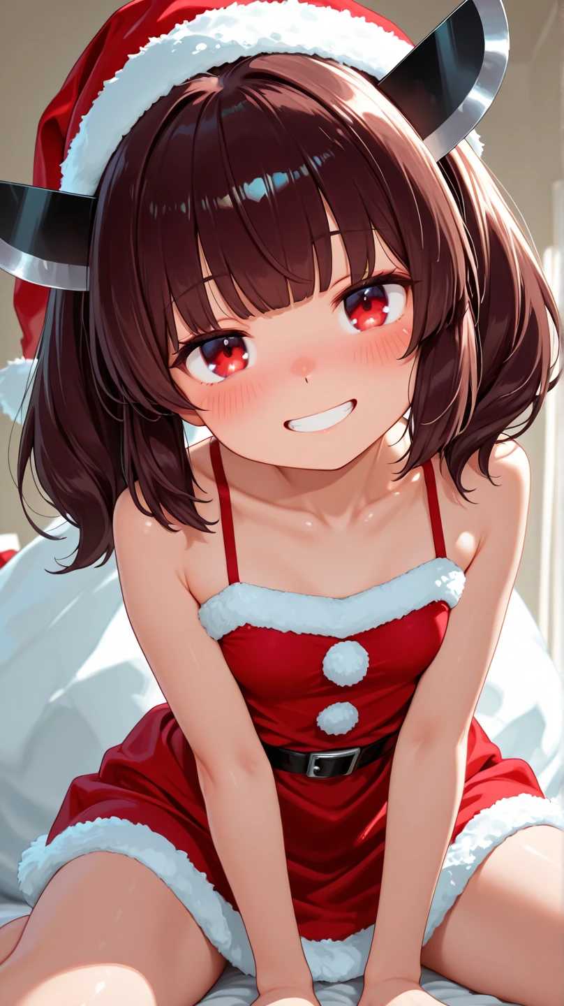 blush, cleavage,glowing aura, natural light, masterpiece, glossy skin, juicy lips , adult,sexy, hot, , cleavage, evil,juicy lips, bimbo, hour glass, brown hair, red eyes, wide eyes, red eyes, massive , dark lighting, long hair, chains, shadow in eyes, bright blush, heart in eyes, ,((wide smile)),, (small pupils)), Hypno, scary, brainwash, full body, Christmas hat, snow, Christmas tree