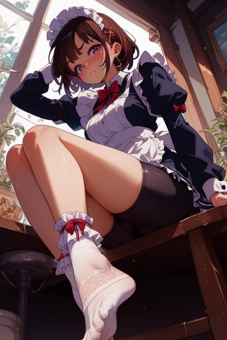 (masterpiece), 4K,woman,Long sleeve sailor suit,Small breasts,Small Ass,Curly Twin Tails,Light bulb lighting,Realistic, skinny, Big smile,Frill Bra,((,Bloomers under a skirt)),Sitting on the stairs,((Knee-length frill skirt)),Angle from below the knee