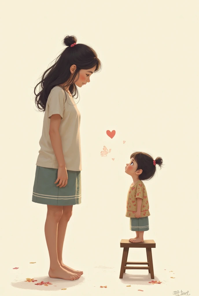 "Mother holding little boy in her arms and looking at each other", black hair, I saw my mother wearing a skirt, Saw a little boy wearing shorts, Pink background main component, Practical, high resolution, high quality, Very high quality, best quality, Ultra Detailed, Very detailed,