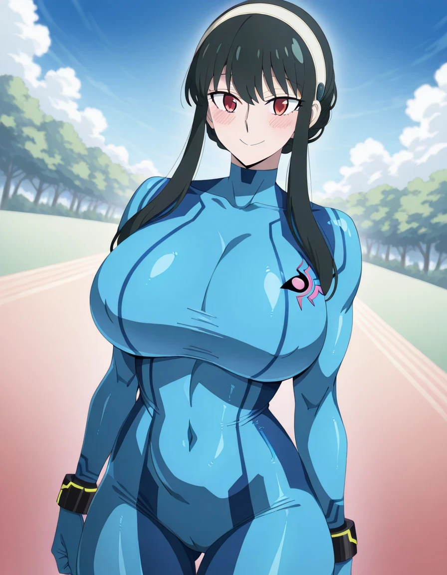 傑作、best quality、best resolution、best image quality、amazing quality、 very aesthetic、 absurdres、anime coloring、1woman、mature woman、<lora:yor-briar-s1-illustrious-lora-nochekaiser:1>、yor briar、solo、black hair、long hair、sidelocks hair、red eyes、white hairband、covered breasts、huge breasts、cleavage、very large breasts、covered boobs、large boobs、covered deltoids、covered anterior deltoids、covered middle deltoids、covered posterior deltoids、covered biceps、covered biceps long head、covered biceps short head、covered triceps、covered triceps medial head、covered triceps long head、covered triceps lateral head、covered brachioradialis、covered thigh muscles、covered cameltoe、very tall woman、toned body、strong muscles、flexible body、muscular woman、<lora:samus-aran-cosplay-illustriousxl-lora-nochekaiser:1>、samus aran cosplay、samus aran \(cosplay\)、blue bodysuit、bodysuit、covered navel、covered midriff、covered stomach、covered collarbone、covered thighs、skin tight、zero suit、outdoor、blush、smile、looking at viewer、female focus、cowboy shot、dutch angle shot、