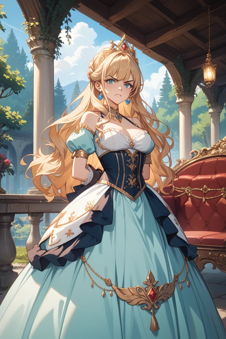 anime artstyle,Masterpiece,Best Quality,Super Detail,((Very Delicate and Beautiful)),(((1 plump princess in beautiful embroidery and jeweled gorgeous rococo ballgown with voluminous hoop skirt))),crinoline skirt,((Solo)),((stand in front of the chalk royal palace,outdoor,sky)),((full body)),(((gigantic breasts,gigantic breasts,cleavage))),sagging breasts,skindentation,detailed face and eyes,jewel-like eyes,((extremely voluminous straight Hair,Extremely Long Straight Hair)),((gorgeousfull embroidery and lace,beautiful embroidery and jeweled)),Gorgeous Gemstone Jewelry,gorgeous corsage,((gorgeous hair ornament,glitter jeweled gorgeous big tiara)),((full body)),((beautiful embroidery and jeweled gorgeous rococo ballgown with voluminous hoop skirt)),crinoline skirt,(crinoline),((stand in front of the chalk royal palace,outdoor,sky)),Looking at viewer,dynamic angle,(((beautiful embroidery and jeweled gorgeous rococo ballgown with voluminous hoop skirt))),crinoline skirt,full body,