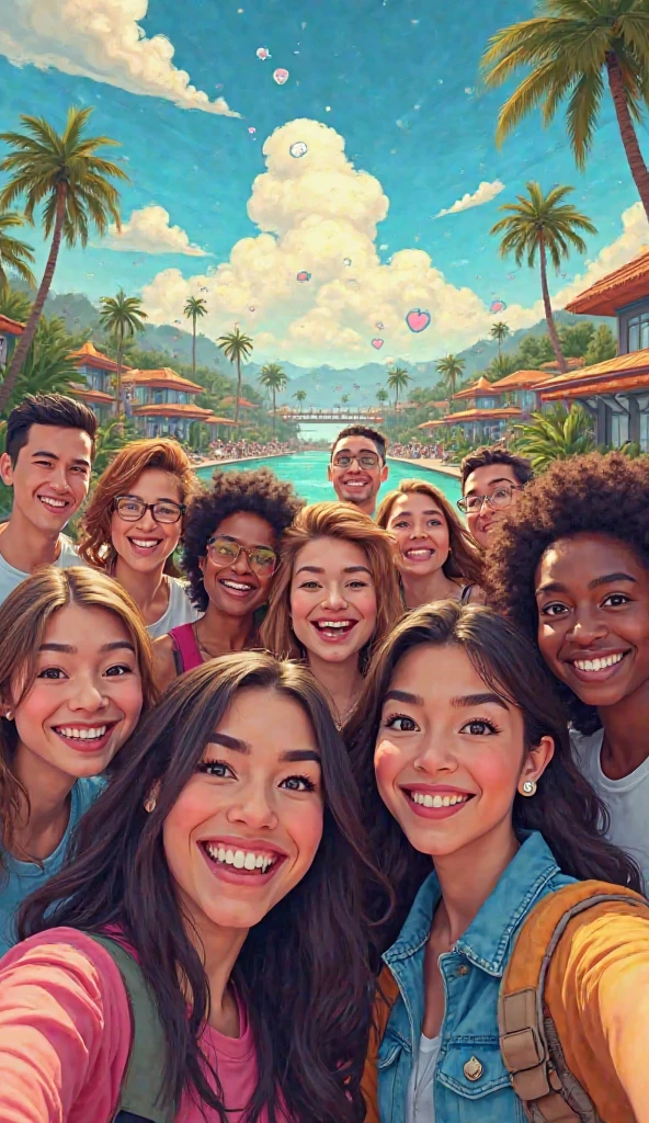 Generate me a cartoon picture of 3 couples going a picnic in a sea side.suitable for a cover photo of whatsapp group cover photo.Generate this photo as a selfy photo.trip is to unawatuna beach srilanka.only one guy is wearing spectacles.other two guys are not wearing spectacles.there should be 3 boys and three girls