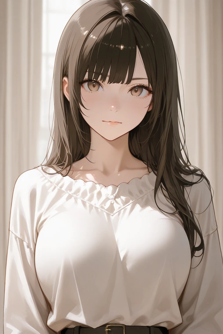 (looking away:1.5), Upper Body, Realistic, real person, (pale skin: 1.2), RAW photo, photorealistic, portrait photography, shiny skin, shiny hair、(A 25-year-old woman with medium-length hair and bangs) and (wavy hair) and (brown hair) and (orange eyes) and (closed eyes), (White off-shoulder blouse) and (long sleeve), smile, Alone