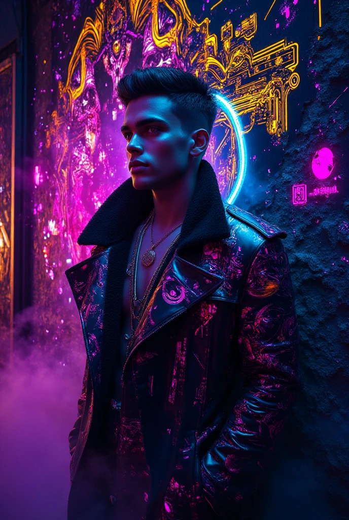 sharpened man in a colorful jacket with many bright and bright colors in front of a wall, highly intricate, hyperdetailed colourful, complexly detailed, highy detailed design, highy detailed and hypnotic, Portrait photo, richly detailed color, incredibly complex, highy detailed clothing, ultra intricate, highy detailed, extremely complex, highy detailed!, stylish coat for a rave, complex clothing