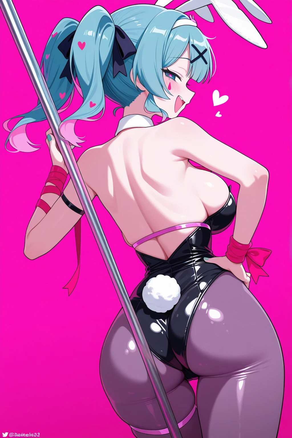 punk anime woman,airbrush painting style, retro game art ,black leather collar,pinup pose,black background,toshio Maeda style,nsfw, medium breasts, hentai,anime woman, chrome corset,clevage,blue hair in ponytail,oiled up skin,copic marker,red eyes,head tilted back,behind view,squatting,sailor scout uniform