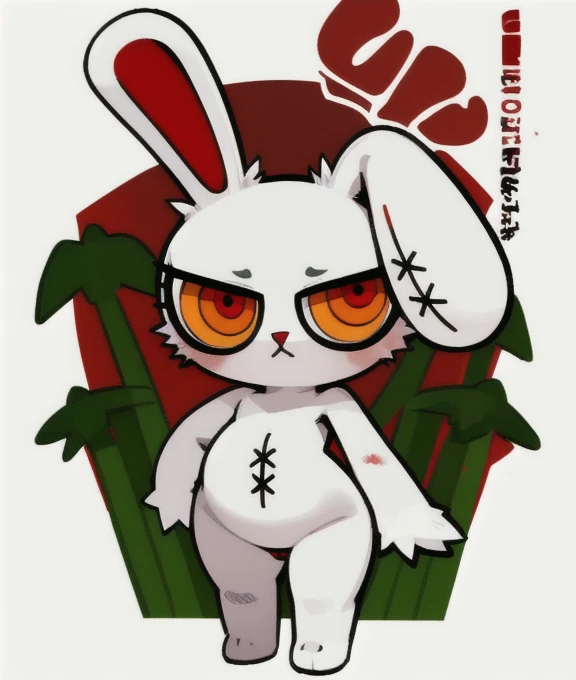 1girl, furry, nude, bunny, red pupils,orange eyes, white_fur, solo, chibi, Bloody Bunny, feets with three toes, full body, detailed face, detailed eyes, detailed body fur, glistering body, shiny body, gorgeous body,