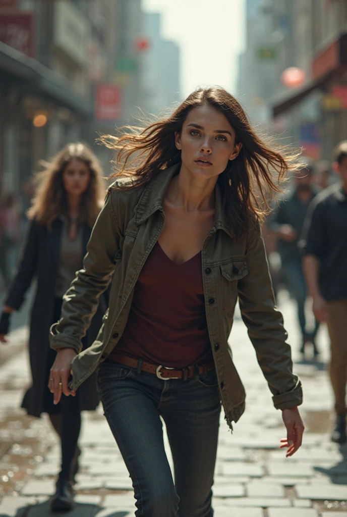 A low-angle, full-length shot of a beautiful woman in sexy clothing running away from zombies on a post-apocalyptic urban street, with rubble and ruins scattered about, a tense and fearful expression on her face, illuminated by the bright glow of flickering street lights in twilight, shot with Sony A7S III, 50mm f/1.4 lens, high contrast with desaturated tones