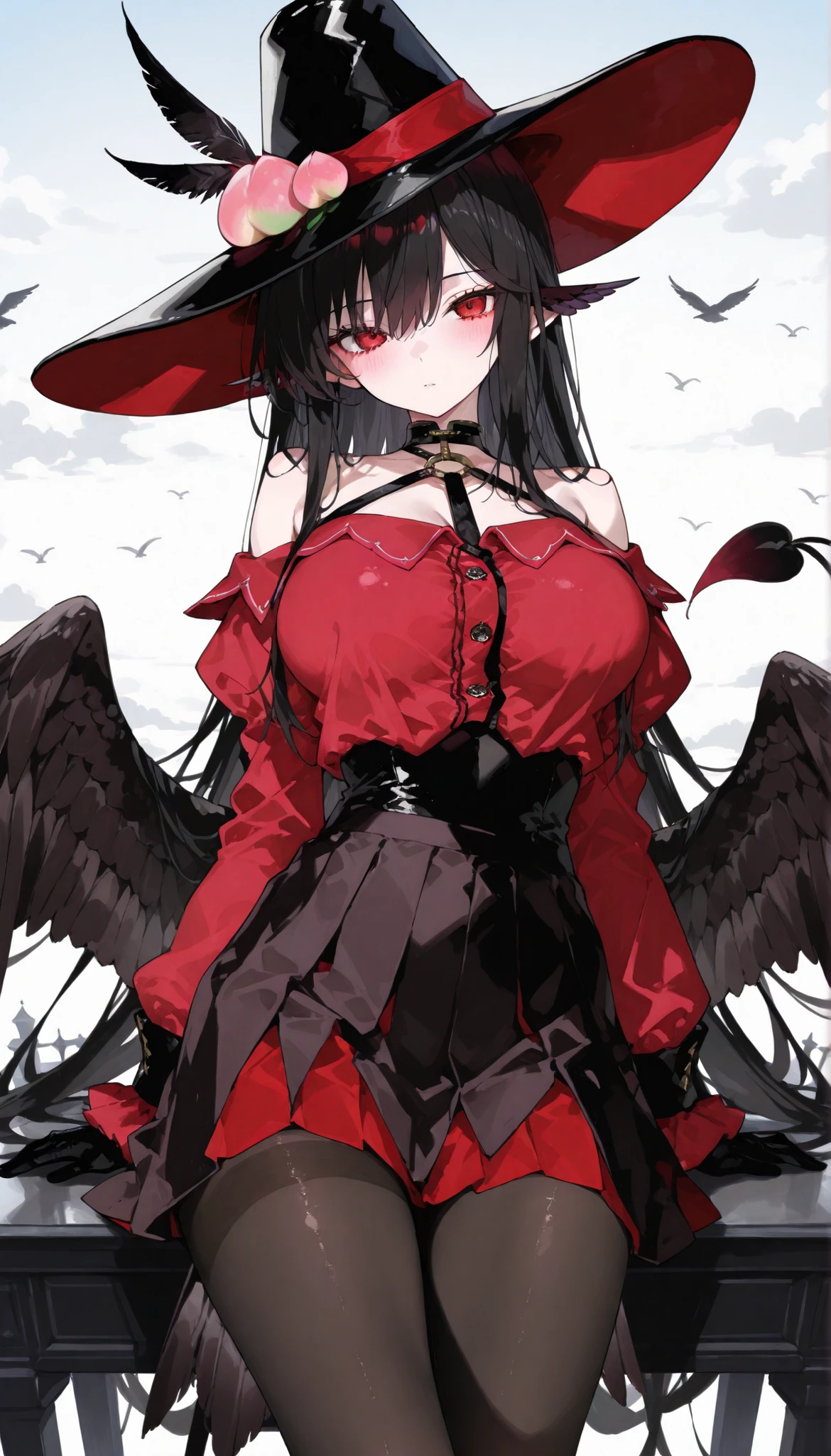 girl, Black hair,in red eyes,long hair,wearing band hat,Tights, black body suit black,girlมีปีกนกสีดำ,girlนกพิราบ,big breasts,slim,feather clip,Winged ears,sky background,Milf,good figure,Slim legs,Full Black Set,Short Pleated Skirt,Bird's tail,tall hat ,Peach Blazer,Peach One-Shoulder Shirt