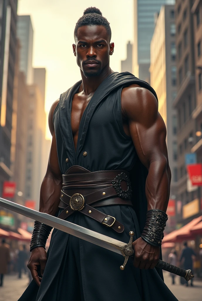 (photorealism:1.2), handsome and attractive man, young, moreno, short hair, Brown eyes (Afro features) strong and with a sword