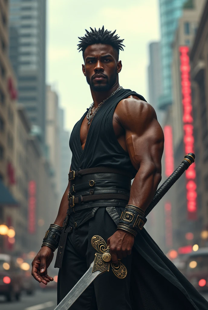 tall young black man, shirtless and scarred, using a katana with a robotic arm