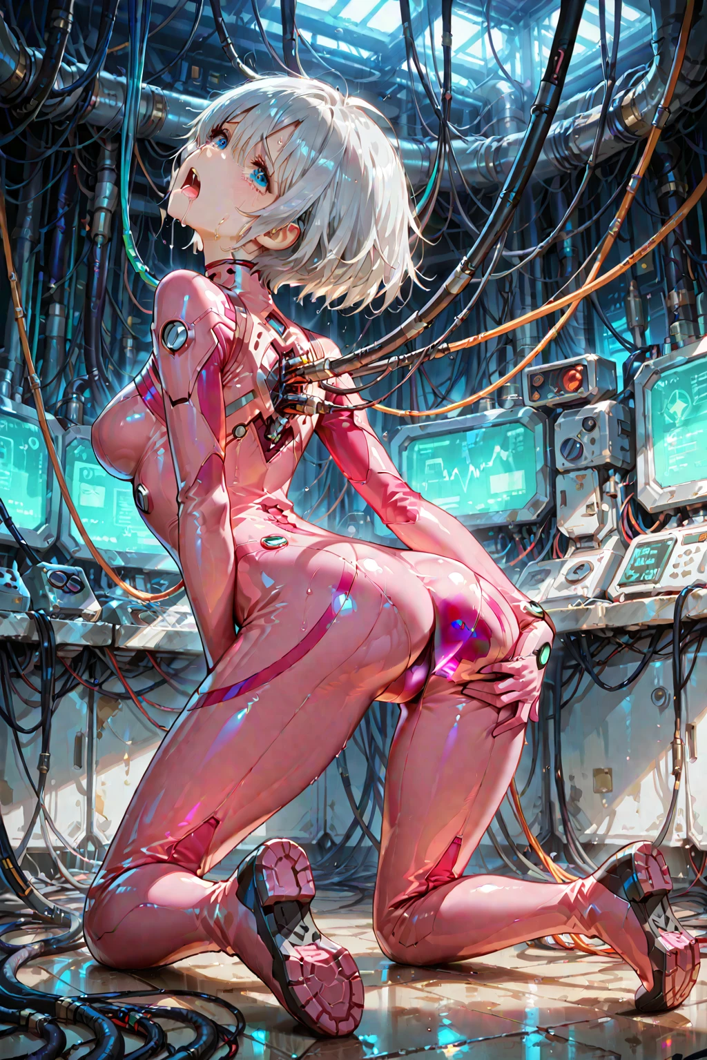 android girl(metallic white skin, blindfolded in visor, cyber joint, orgasm, lean back, cramps), black room, reddish light, cable inserting in vagina