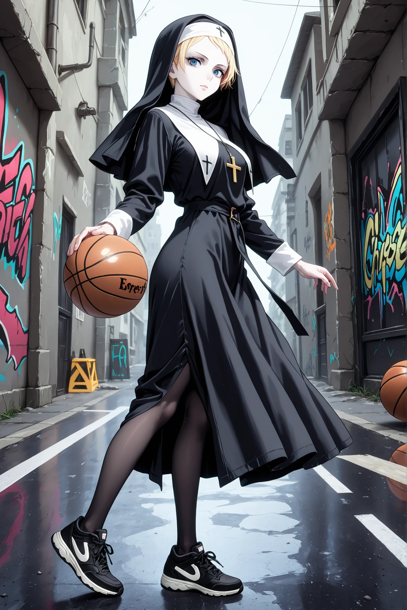 1 girl,solo,beautiful girl,adult,18 years old,blonde hair,very short hair,blue eyes,pale skin,skinny,masterpiece,general,highres, ultra-detailed,very aesthetic,best quality ,best hands,best eyes,perfect anatomy,anime coloring,easynegative,BREAK,nun,christians,nun's black robe,black tights,black sneakers,BREAK,asphalt,street,outdoors,BREAK,basketball,jump shot,ghetto,graffiti,from side