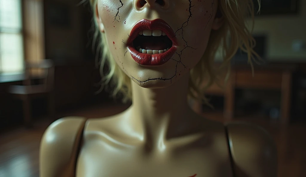 masterpiece, best quality, (undead Madonna:1.3), elegant, 1 undead evil demoness, cute, blushed, looking at viewer, from above, (blood in open mouth:1.3), open panties under the mini skirt, white and black striped T-shirt, wet T-shirt, blue eyes, beautiful eyes, inferno in background, light particles, dramatic lighting, inferno, realistic, best quality, ultra-detailed, scenery, beautiful detailed eyes, detailed hair on the tiny breasts, demons, evil spirits