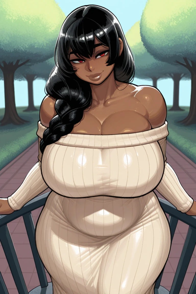 black girl, dark skin, thick black hair, medium curly, forehead ((sidelocks)), gold hoops, chubby cheeks, narrow waist (thick hips), blue eyes ((long eyelashes, thick eyelashes)), cyan blue sweater (knit sweater), cleavage, huge breasts (massive breasts:0.9) navy denim pants (long pants), pink lipstick (juicy lips), smirking, hands on hips, (outdoors porch, cowboy shot), (sunlight) sakura blossom scenery, looking at viewer ((facing front)), (masterpiece, highres)