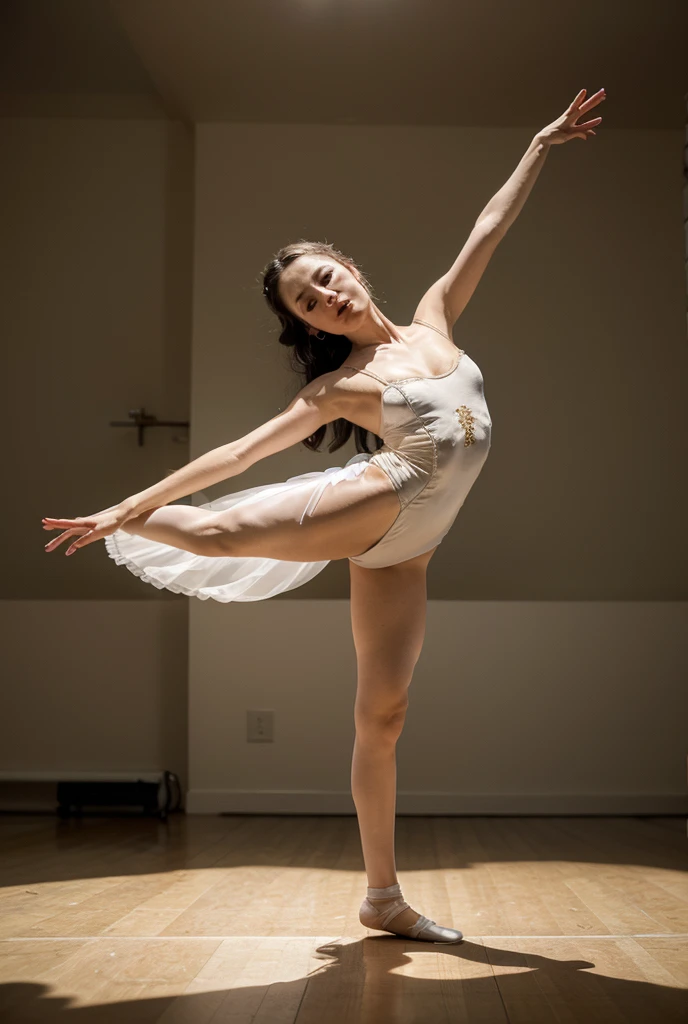 (Full body portrait、Full body portrait:1.5)、height180centimeter,20-year-old、Wearing pure white tights, Wearing a pure white ballet costume,Put on your ballet shoes, Attractive pose, very Artistic poses, Elegant girl, Beautiful and elegant, Artistic pose, ballet style pose, Ballet poses,gym,One person,Lift your legs,