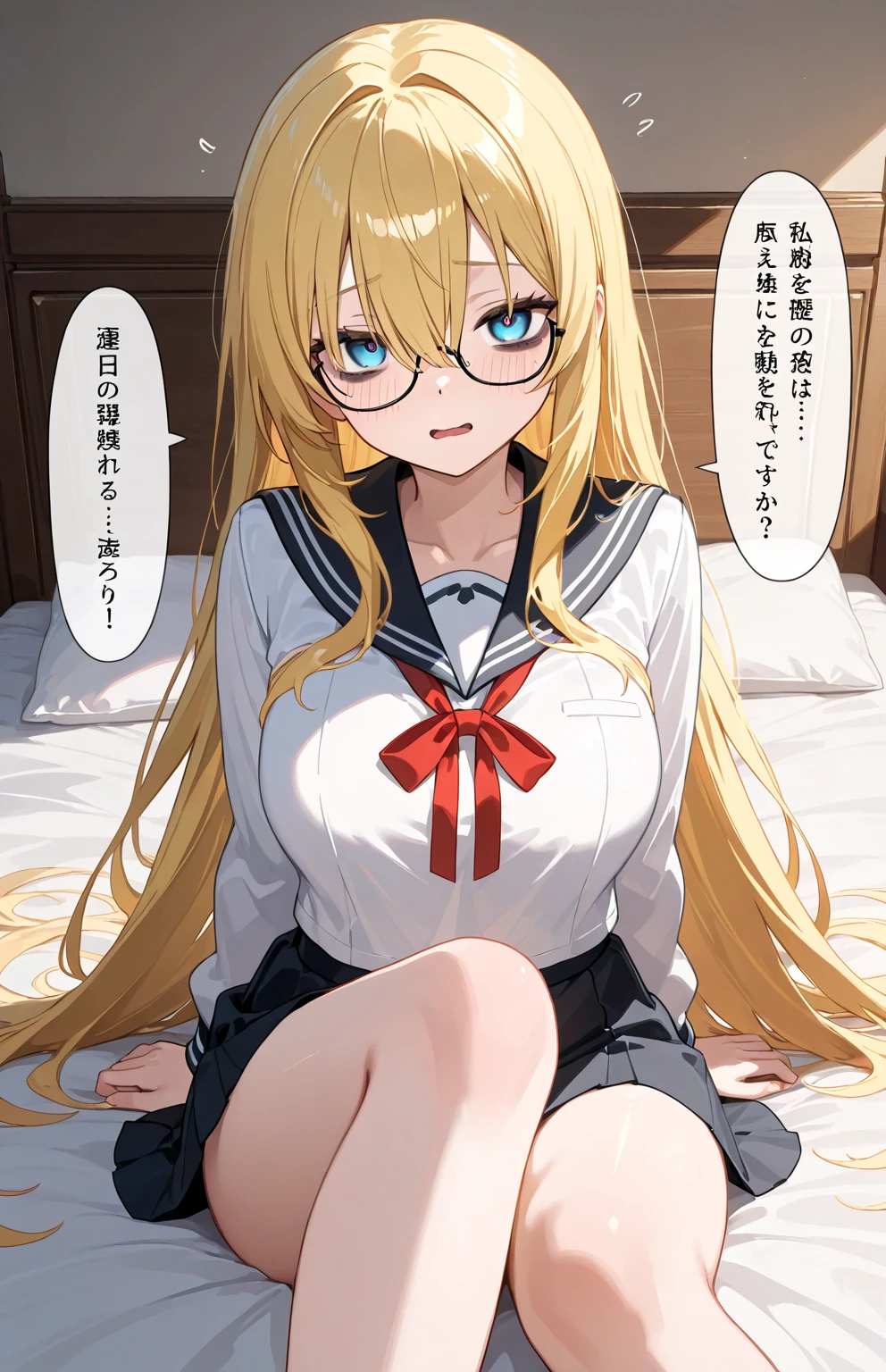 high resolution,High resolution,1Beautiful girl of the person,whole body,sleep,Look Up,Lying on your back,looking at the camera,Big eyes,Glasses,Crying face,Tears,Stringy saliva,Open your mouth wide,Sticking out tongue,Flush saliva,Overflowing with saliva,ponytail,Golden Hair,Brown eyes,Navy blue sailor leotard,High Leg,Red tie,Tears overflow,Dripping a lot of saliva,Drooling,On the bed,sexy,Finger licking,Western-style room,Alluring,