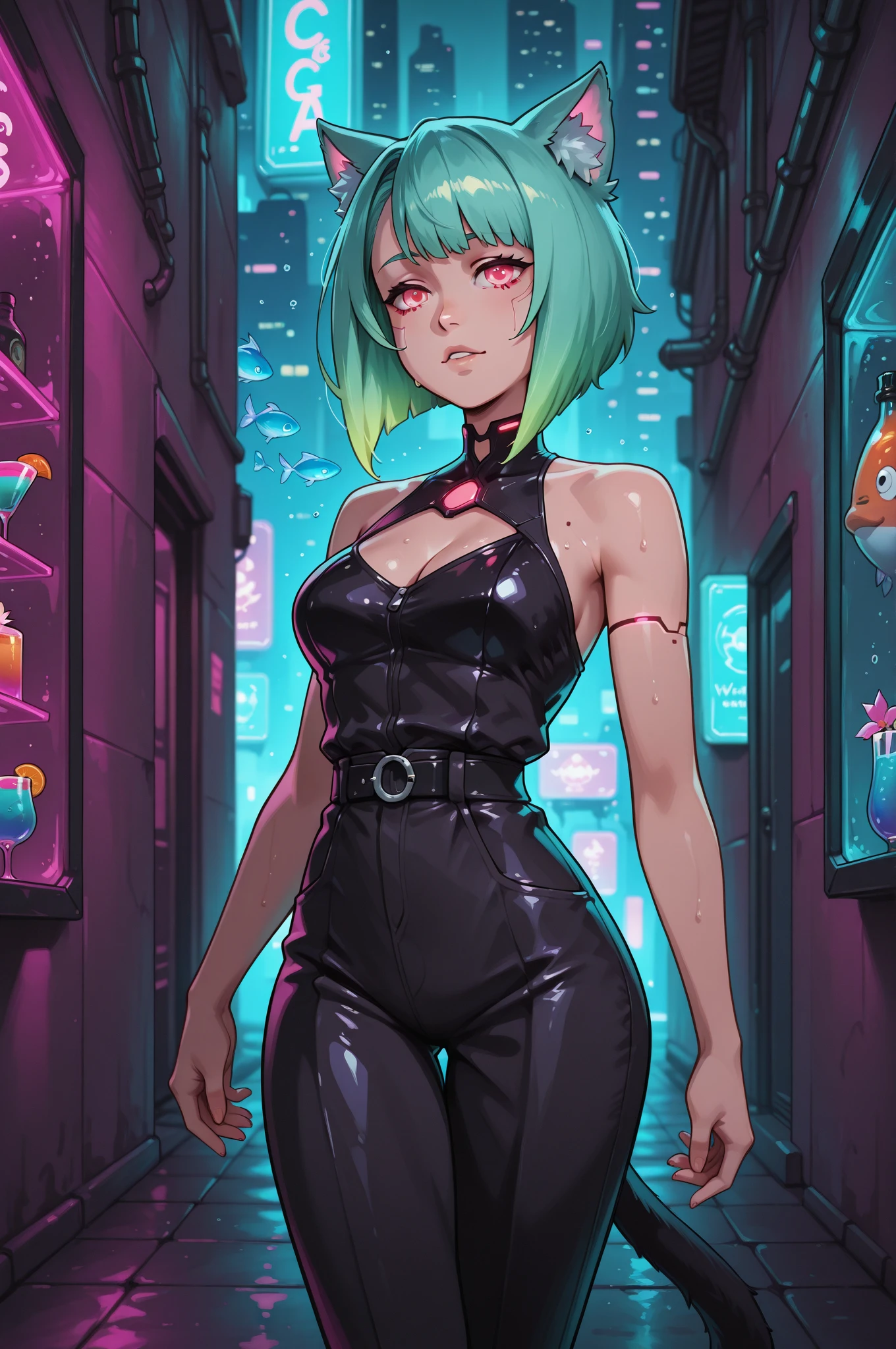 com cabelo curto, fringe, ((cabelo marrom escuro)), (((highlights in green))), (((yellow eye))), pupila de gato, orelha de raposa, roupa preta, estilo 3d, anime cyberpunk, punk neon escuro, cor estilo cyberpunk, vtuber, perfect hand, perfect face, perfect body, (((Long dress))), dress cyberpunk, olhos cintilantes, brilho amarelo no olhar, black dress, perfect hand, anatomically correct hand, mulher extremamente linda,