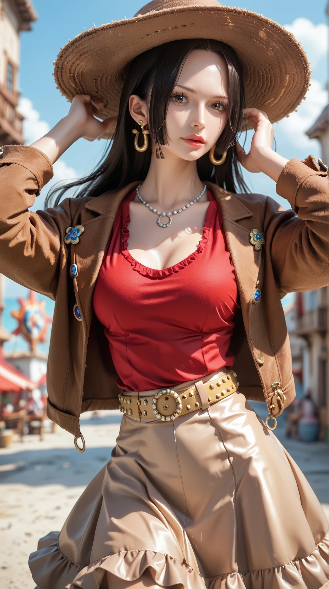 masterpiece, Highest quality, High resolution, 1h1 ..., hair ornaments, Knee socks, Long Hair, Detailed body, (Detailed face:1.1), (Perfect Eyes), Thick eyelashes, Long eyelashes, Perfect dynamic composition, (Improve:1.2), Cleavage, jewelry, Earrings, Open clothes, tie shirt, Tent shirt, Unbuttoned shirt, Bra Peek, lace trim bra, (leopard pattern:1.2), belt, Pleated skirt, Lace-trimmed legwear, Garter Straps, See-through, hoop Earrings, Gal, Wicked Smile, Captivating smile, blush, Seductive pose, (Captivating smile:1.4), Thick lips, (Big Lips:1.2), (Huge lips: 1.2), (Part your lips:1.2), (Thick lips:1.4), street, Night Sky Armband,