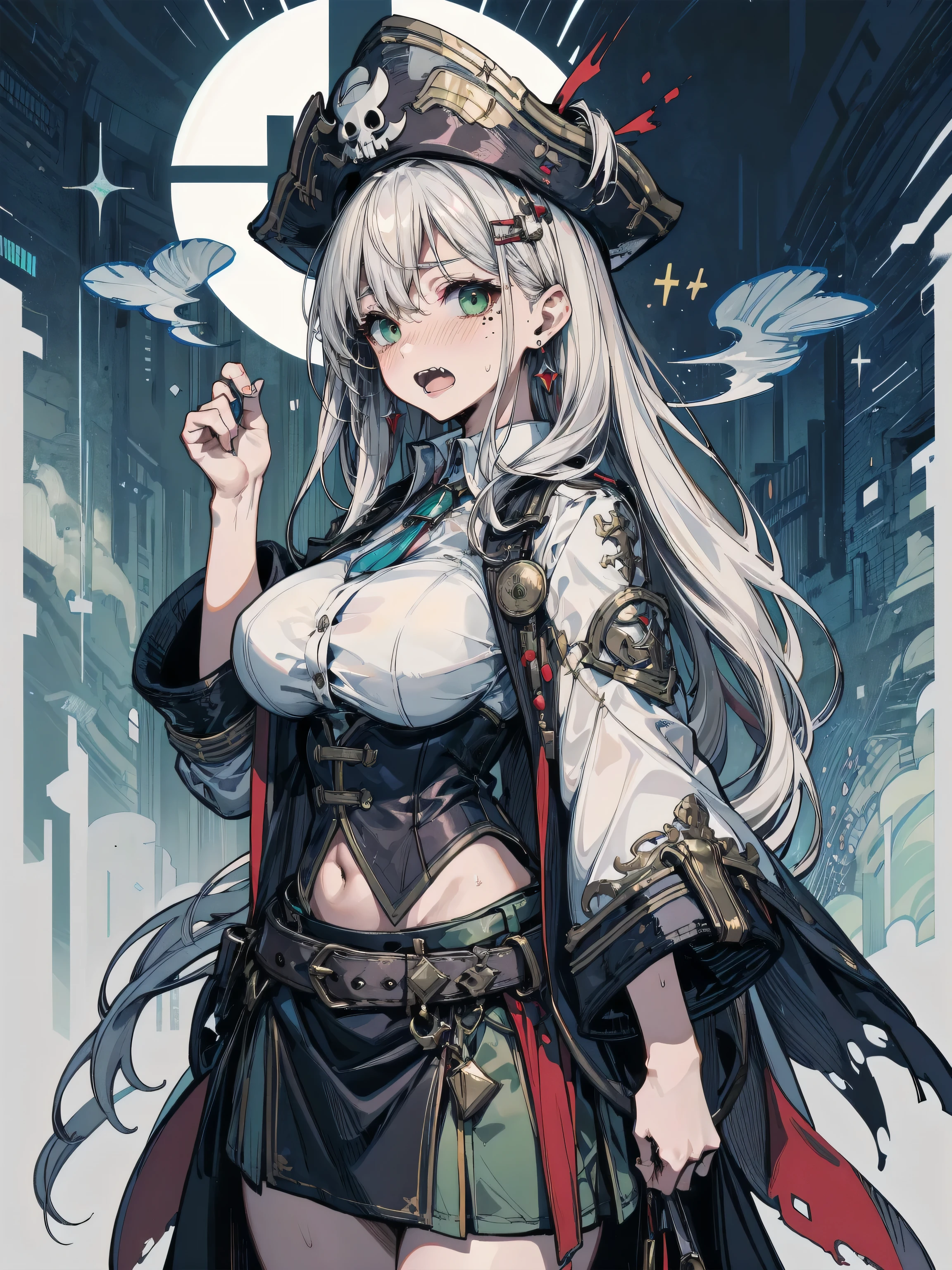 absurdres, RAW photo, extremely delicate and beautiful, masterpiece, Best Quality, ultra high resolution, 32k, hyperrealistic, ultra-detailed, detailed description, perfect anatomy, pale skin, 20 years old, detailed beautiful face and eyes, tearful mole, earring, short medium hair, wavy hair, whole body shot, colossal tits, Practical pirate clothing, Long-sleeved pirate top, Skirt,Torn pirate hat,
