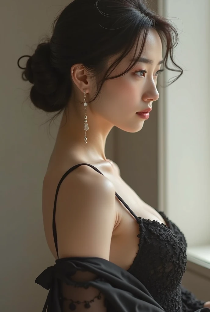Highest quality、Photographed in natural light、Highly realistic photos、Detailed beautiful face、Large Breasts、Japanese women、profile、One person、30-year-old female、Summer clothes、Black dress、Upstyle Hair、Don&#39;t look at the camera、indoor、In front of a white wall、Big Breasts,Chain earrings、whole body、Glossy lips