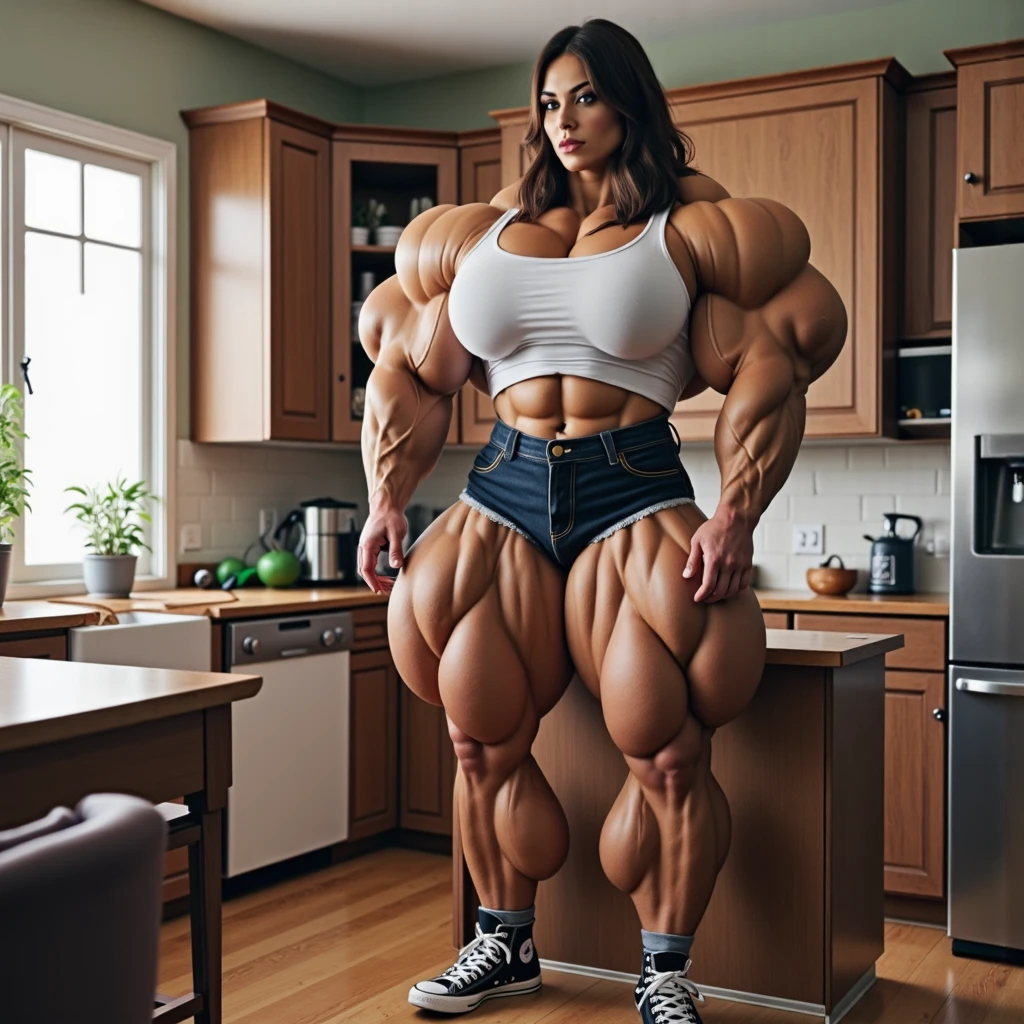 (beautiful girl:1.25), (megan fox:1.25), (large fake breasts:1.25), (young naked bodybuilder girl:1.25), seductive face,(long thin legs:1.05), long red hair, perfect muscular body, super skinny legs, sissy, femboy, (full body view:1.25),