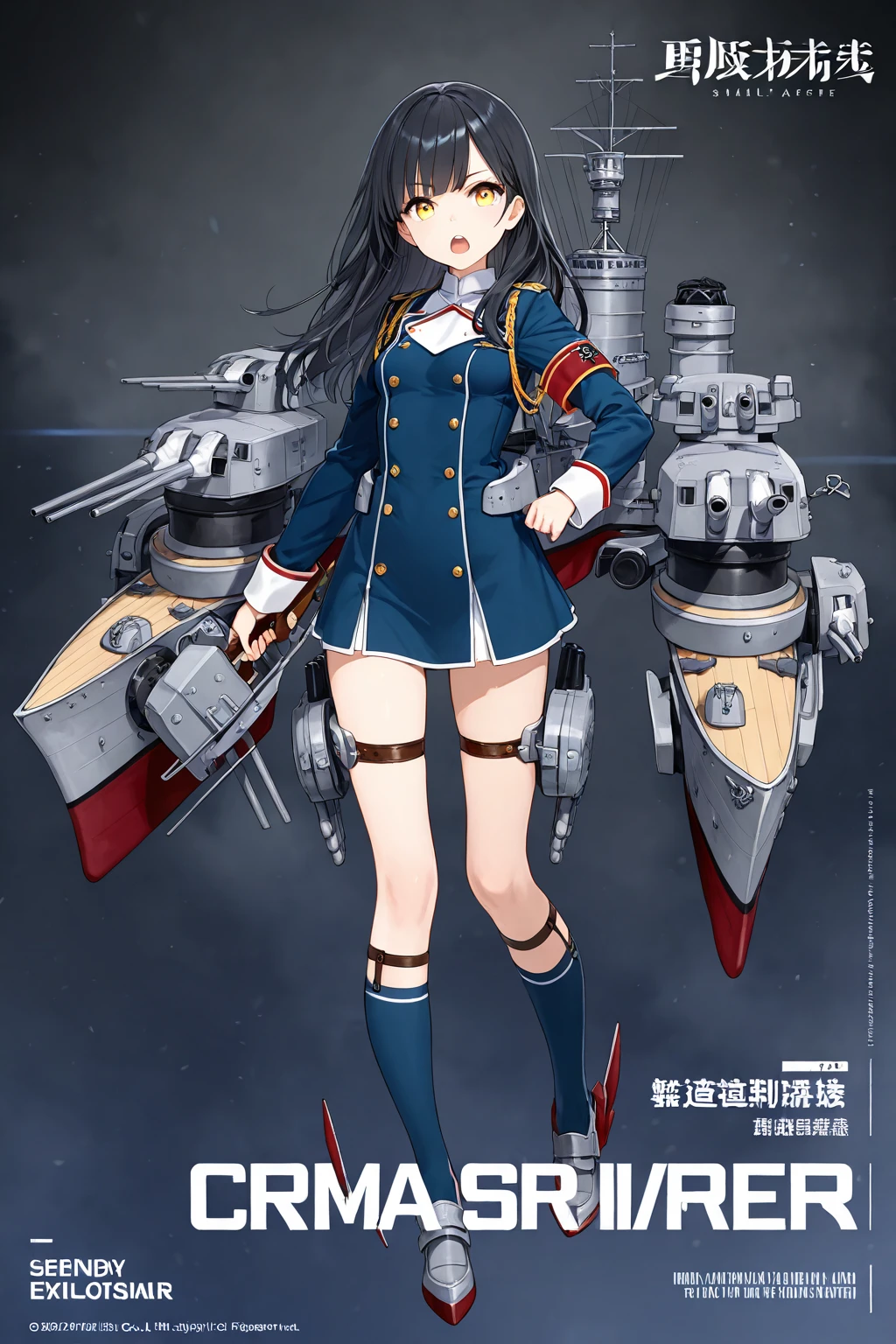 masterpiece, best quality, 
1 girl, full body, azur lane,  takao, black long hair, long legs, black pantyhose, white uniform,
standing on battle ship, sword, sea, water, seagull, strong wind, sun shine,